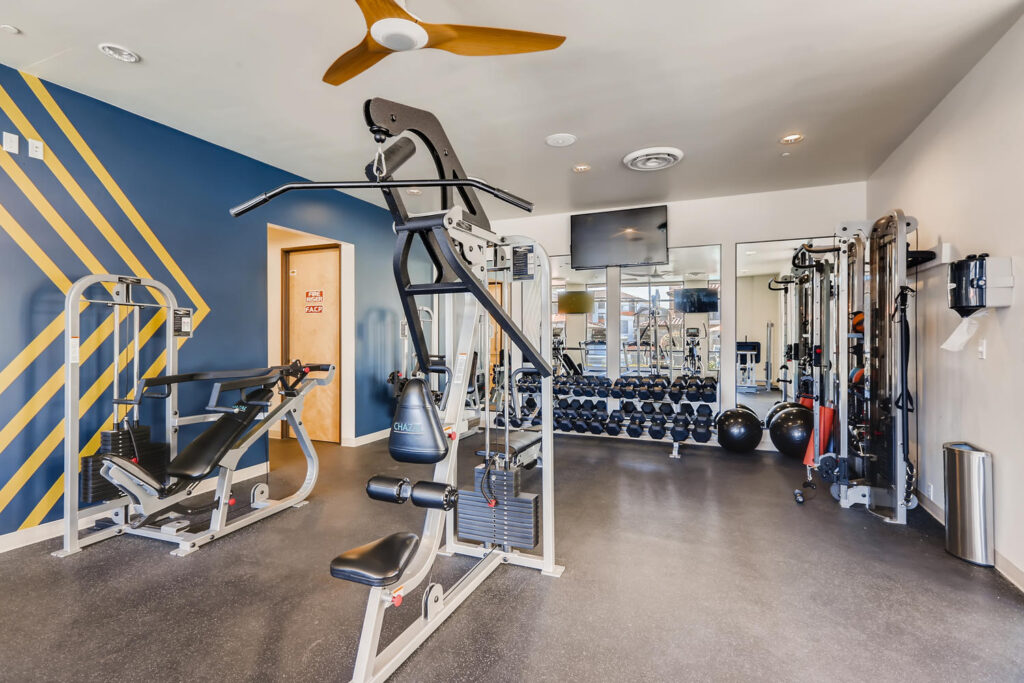 fitness center with strength training machines and free weights