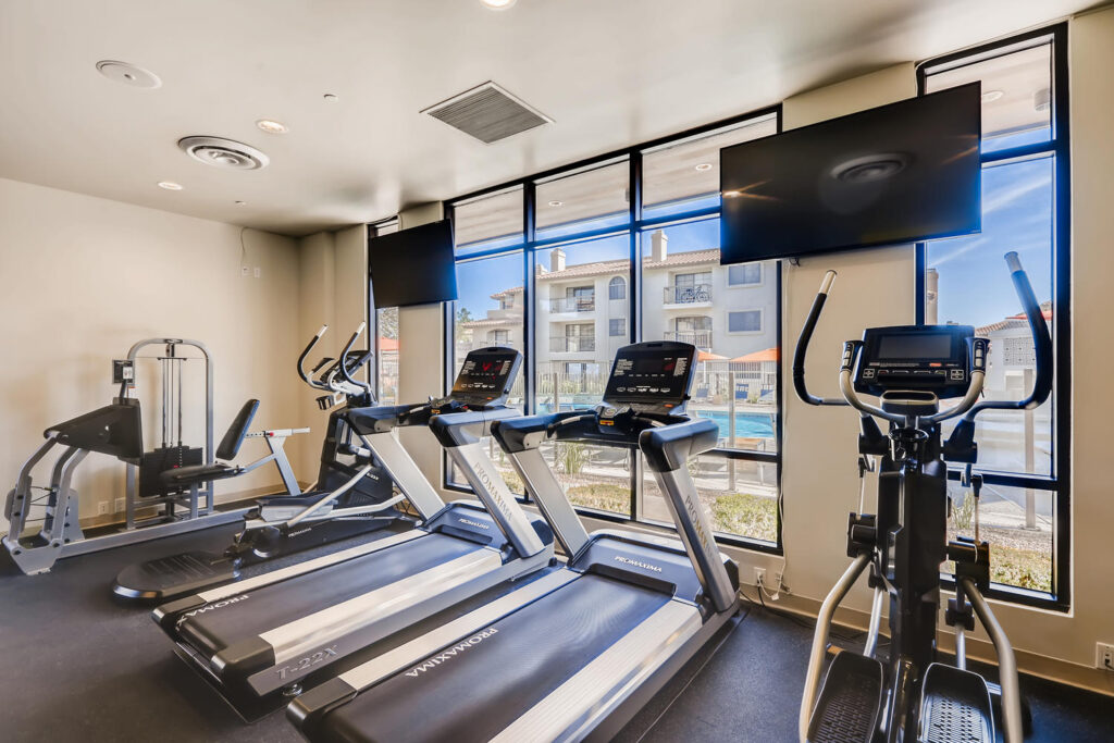 Fitness center with stationary bike and other machines