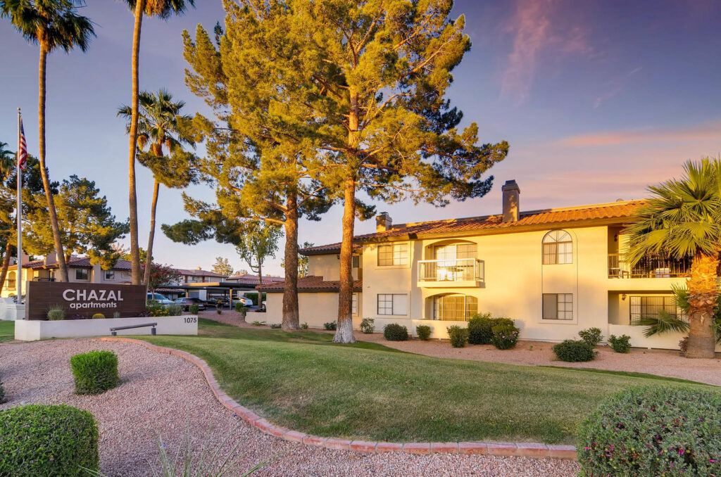 Building exterior with monument sight that says Chazal Apartments