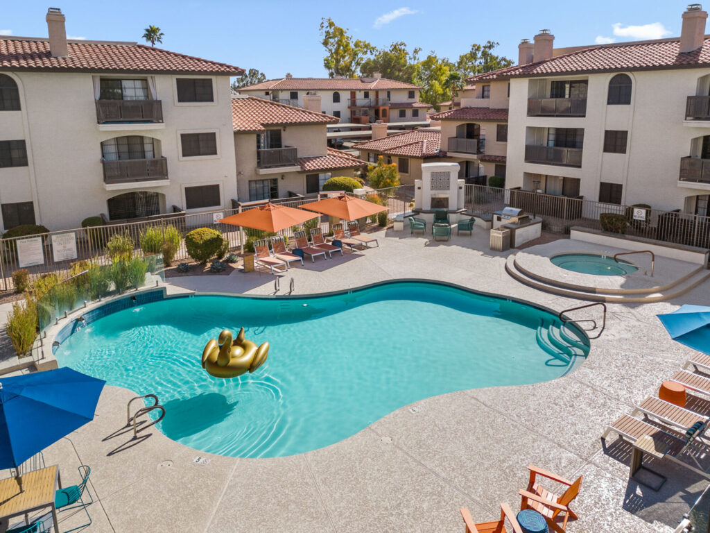 Swimming Pool with shaded and unshaded deck seating